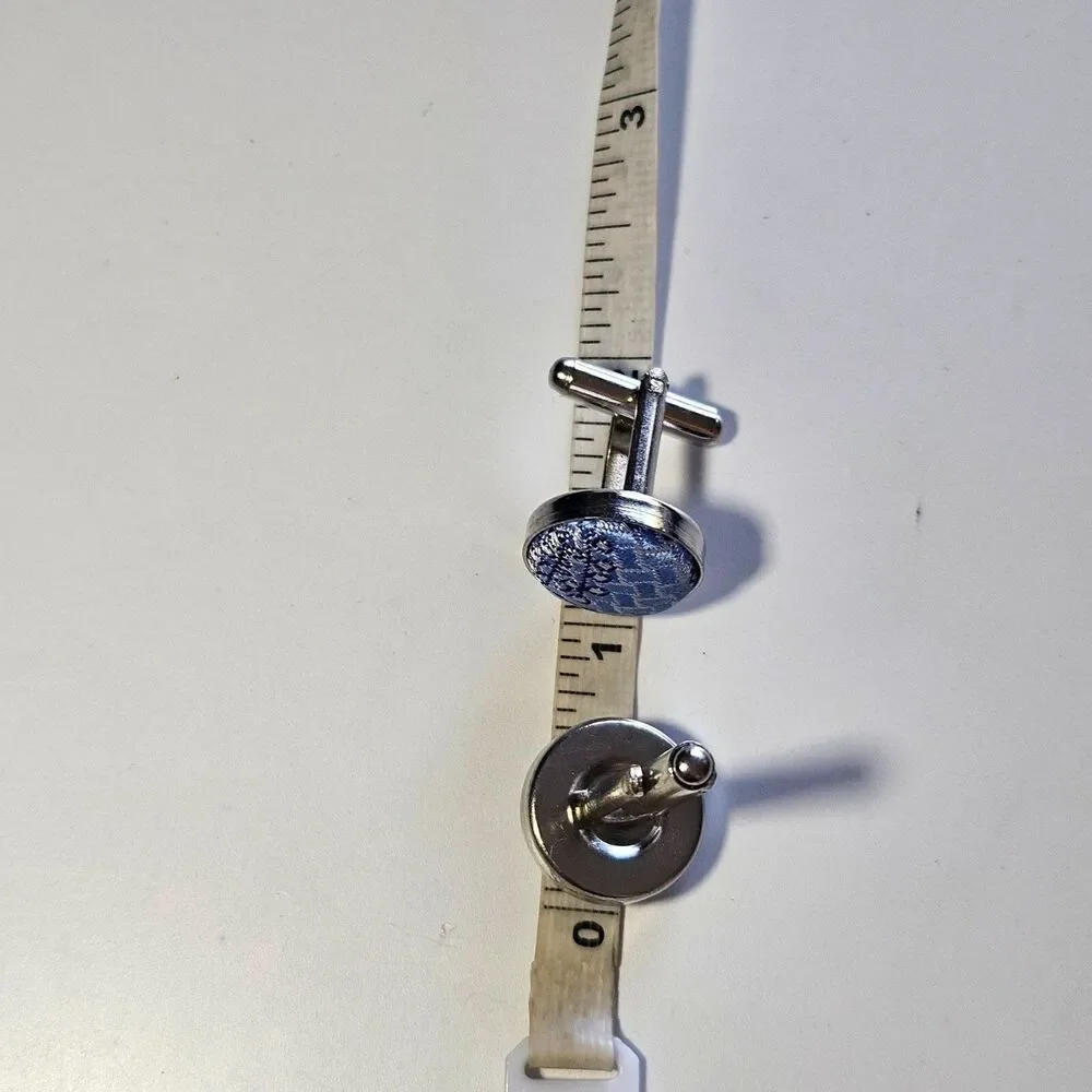 Silver Tone Blue And White Silky Fabric Round Cufflinks Vintage
